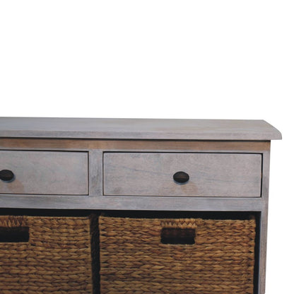 47" White and Natural Solid Wood Basket Storage Accent Cabinet With Three Drawers HomeRoots