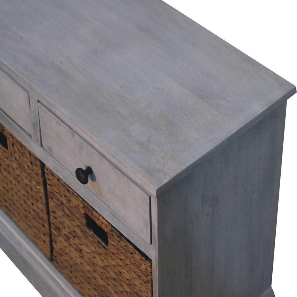 47" White and Natural Solid Wood Basket Storage Accent Cabinet With Three Drawers HomeRoots