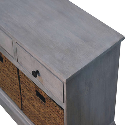 47" White and Natural Solid Wood Basket Storage Accent Cabinet With Three Drawers HomeRoots