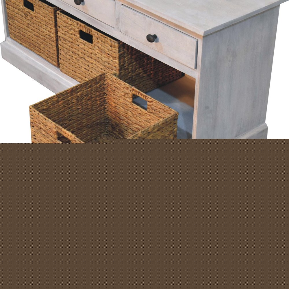 47" White and Natural Solid Wood Basket Storage Accent Cabinet With Three Drawers HomeRoots