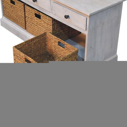 47" White and Natural Solid Wood Basket Storage Accent Cabinet With Three Drawers HomeRoots