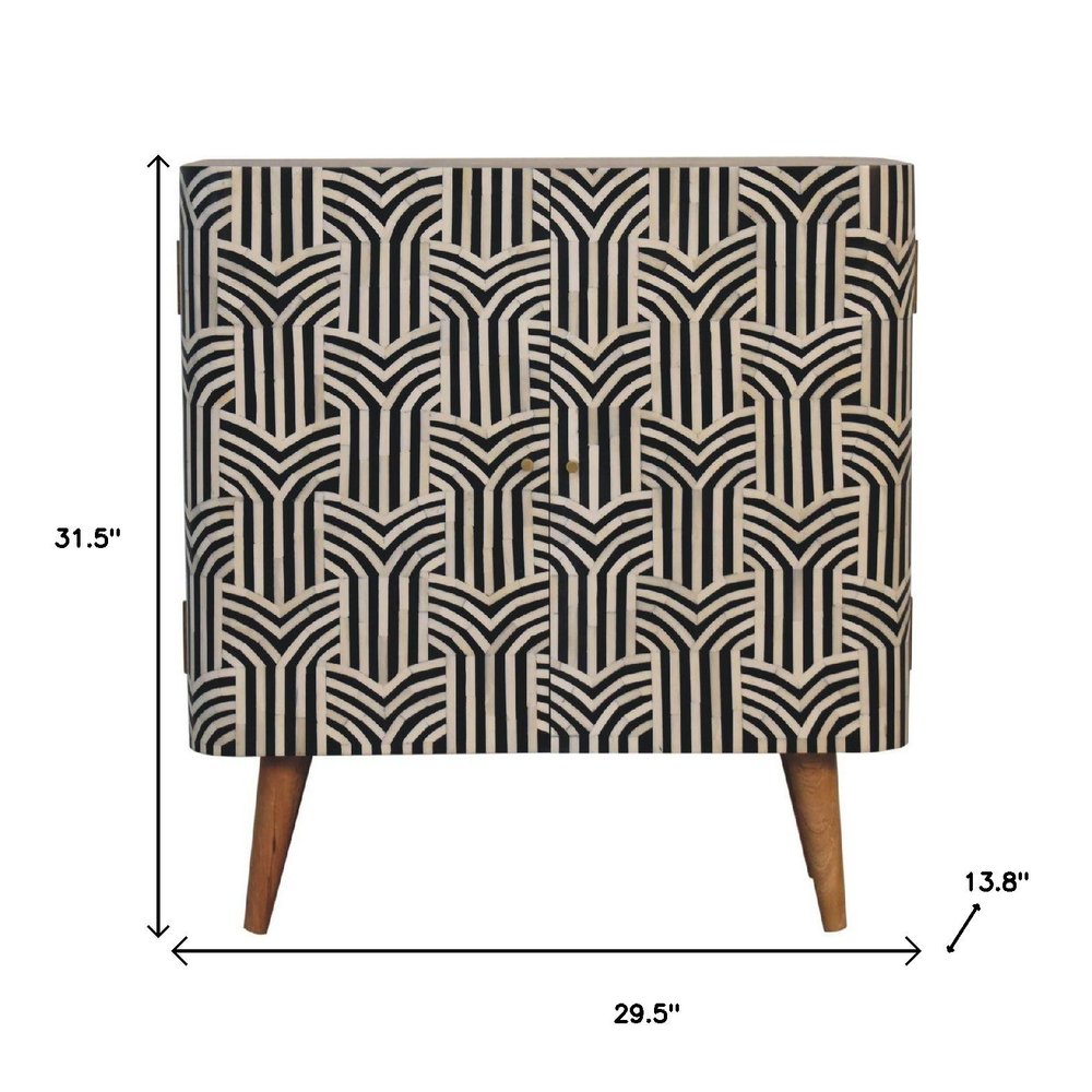 32" Dark Brown Black and White Solid Wood And Inlaid Bone Textured Accent Cabinet With Two Doors HomeRoots