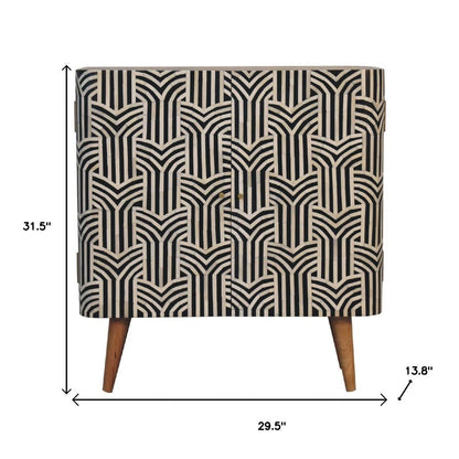 32" Dark Brown Black and White Solid Wood And Inlaid Bone Textured Accent Cabinet With Two Doors HomeRoots