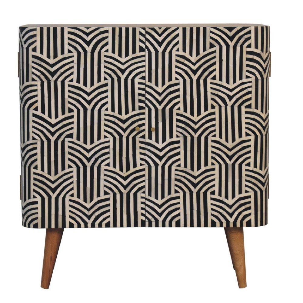 32" Dark Brown Black and White Solid Wood And Inlaid Bone Textured Accent Cabinet With Two Doors HomeRoots