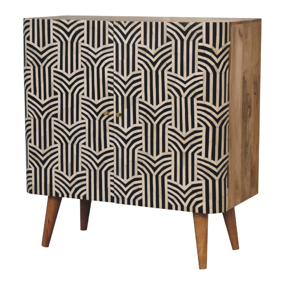32" Dark Brown Black and White Solid Wood And Inlaid Bone Textured Accent Cabinet With Two Doors HomeRoots