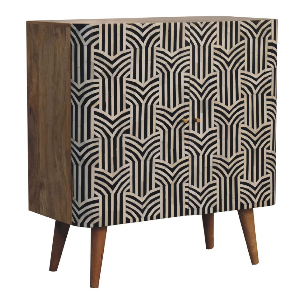 32" Dark Brown Black and White Solid Wood And Inlaid Bone Textured Accent Cabinet With Two Doors HomeRoots
