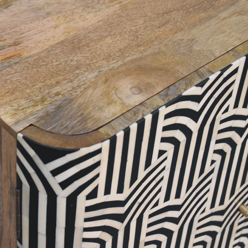 32" Dark Brown Black and White Solid Wood And Inlaid Bone Textured Accent Cabinet With Two Doors HomeRoots