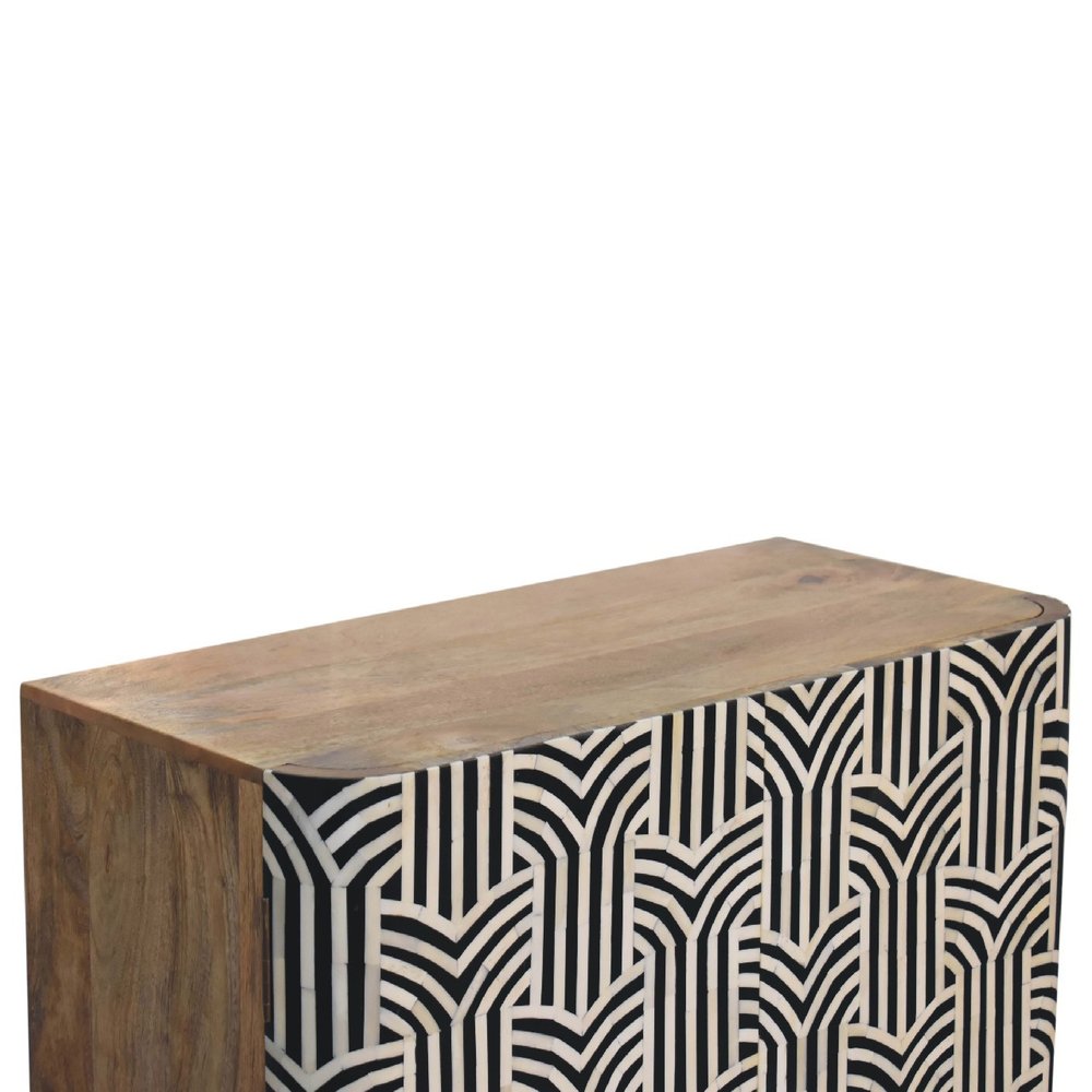 32" Dark Brown Black and White Solid Wood And Inlaid Bone Textured Accent Cabinet With Two Doors HomeRoots
