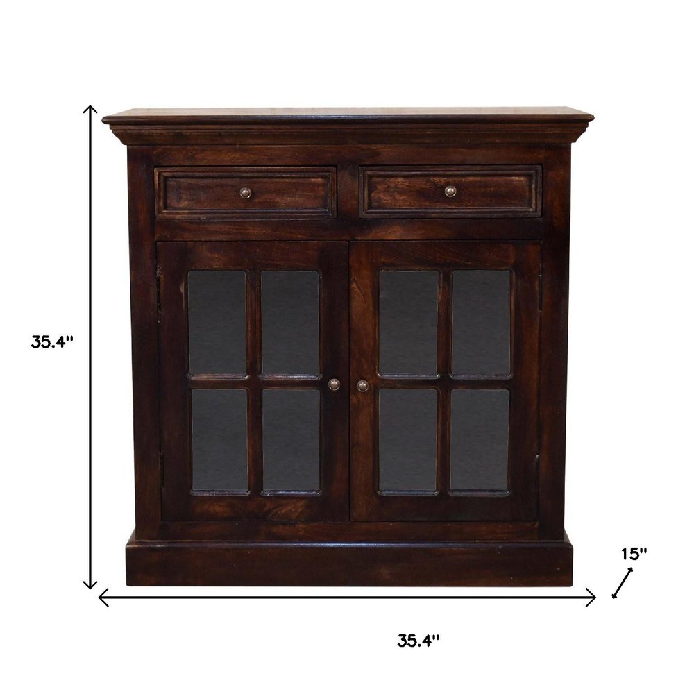 35" Walnut Solid Wood Accent Cabinet With Two Doors And Two Drawers HomeRoots