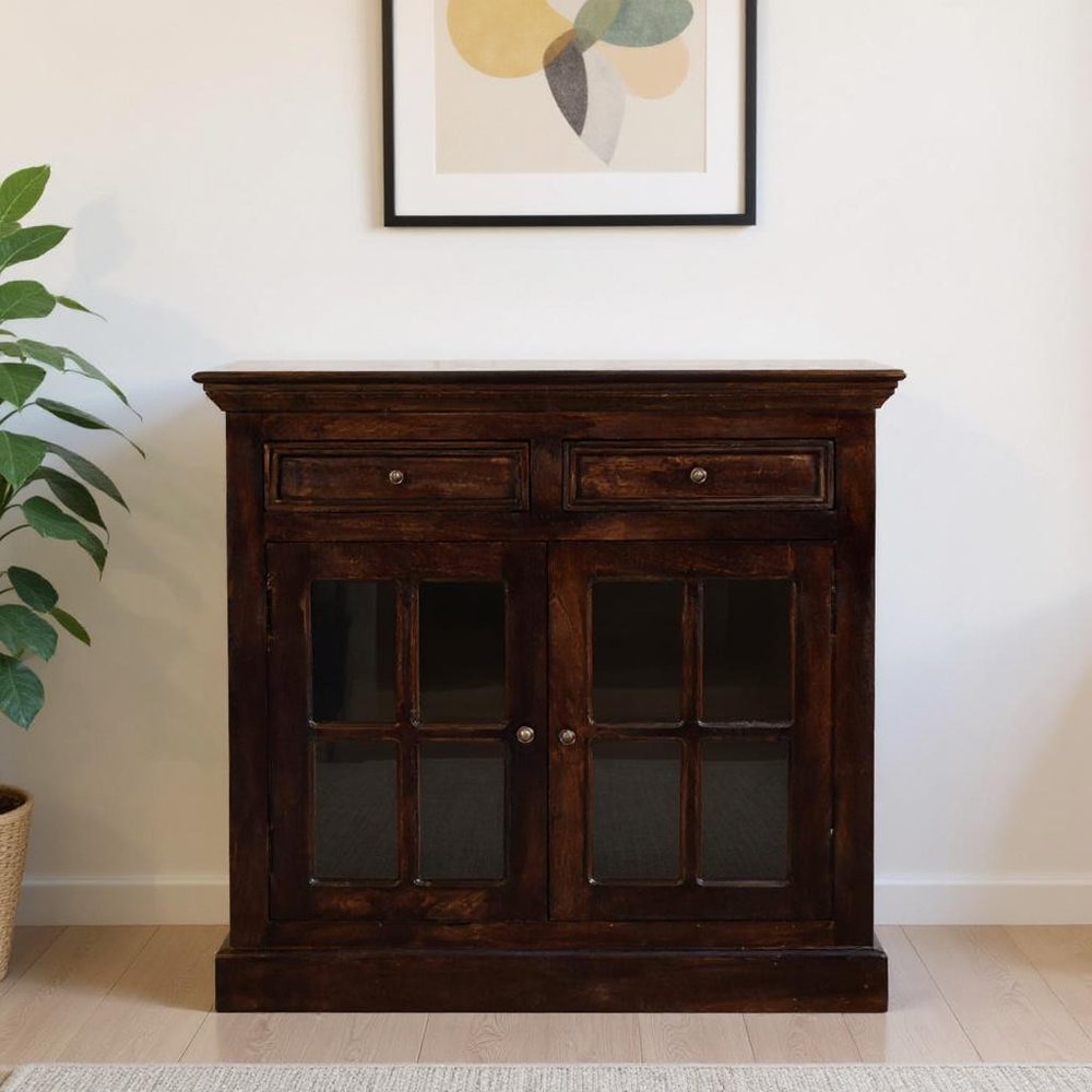 35" Walnut Solid Wood Accent Cabinet With Two Doors And Two Drawers HomeRoots
