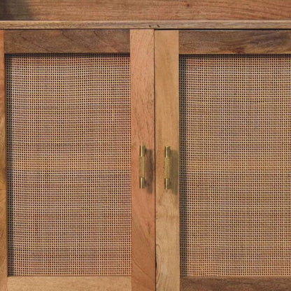 35" Brown Distressed Solid Wood Inlaid Rattan Accent Cabinet With Two Doors HomeRoots