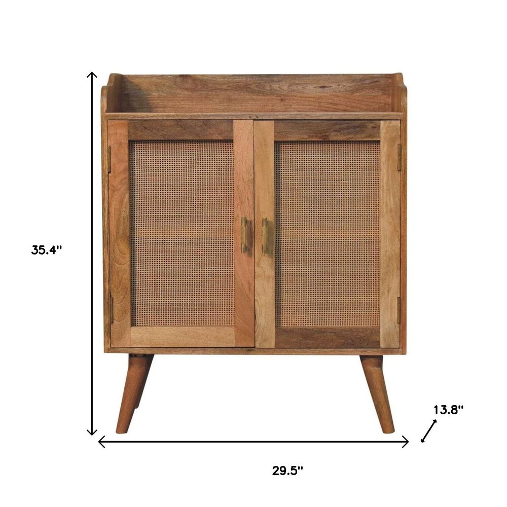 35" Brown Distressed Solid Wood Inlaid Rattan Accent Cabinet With Two Doors HomeRoots