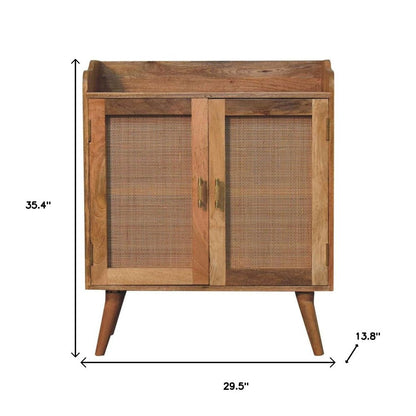 35" Brown Distressed Solid Wood Inlaid Rattan Accent Cabinet With Two Doors HomeRoots