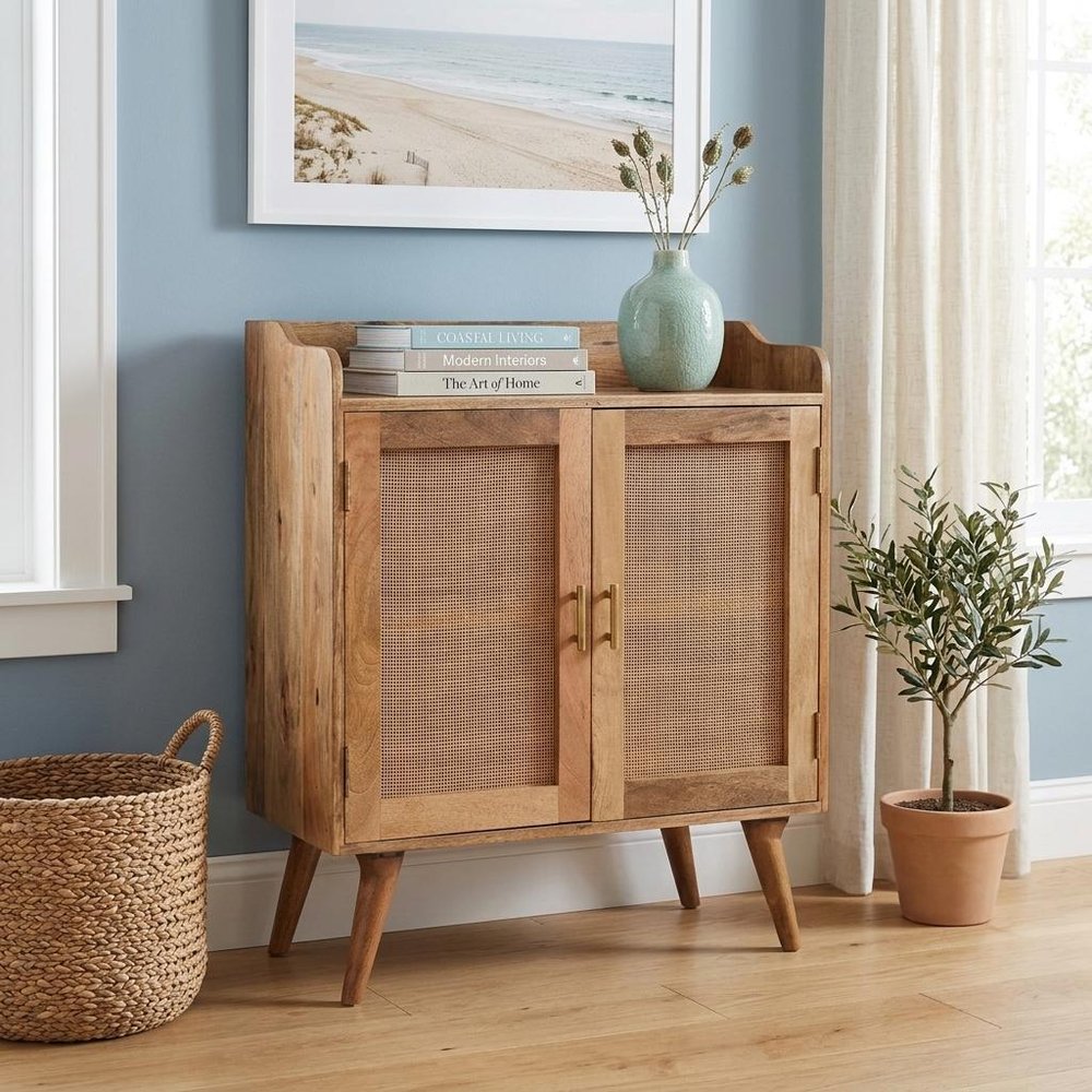 35" Brown Distressed Solid Wood Inlaid Rattan Accent Cabinet With Two Doors HomeRoots