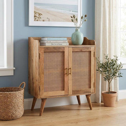 35" Brown Distressed Solid Wood Inlaid Rattan Accent Cabinet With Two Doors HomeRoots