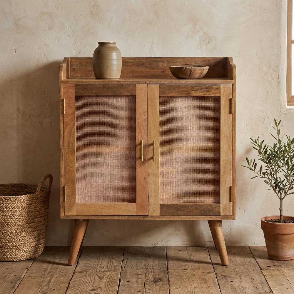 35" Brown Distressed Solid Wood Inlaid Rattan Accent Cabinet With Two Doors HomeRoots