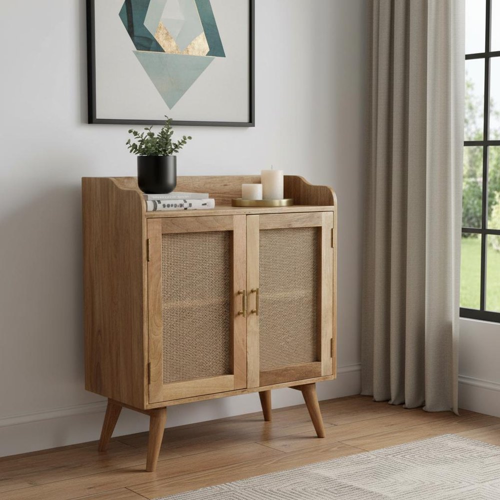 35" Brown Distressed Solid Wood Inlaid Rattan Accent Cabinet With Two Doors HomeRoots
