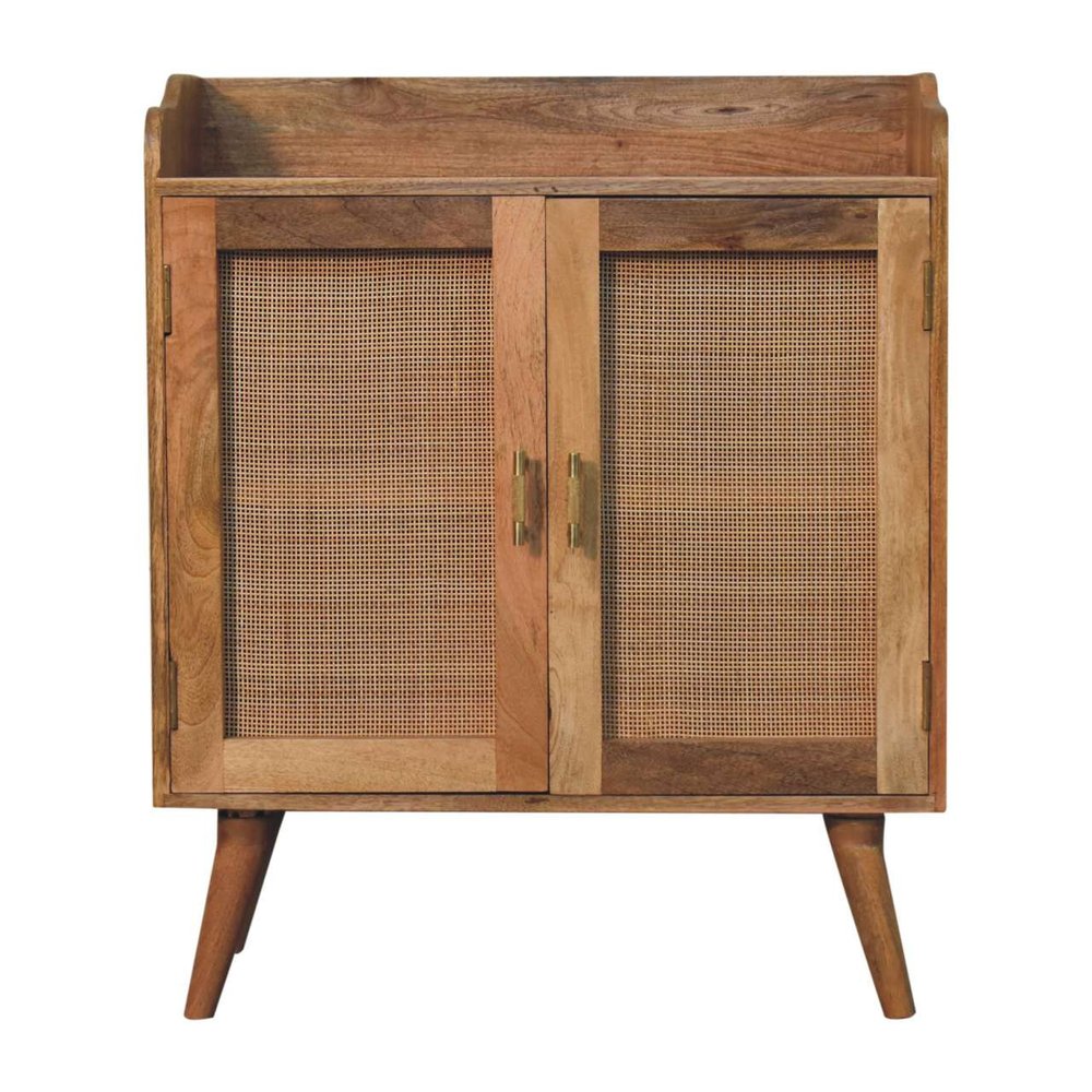 35" Brown Distressed Solid Wood Inlaid Rattan Accent Cabinet With Two Doors HomeRoots