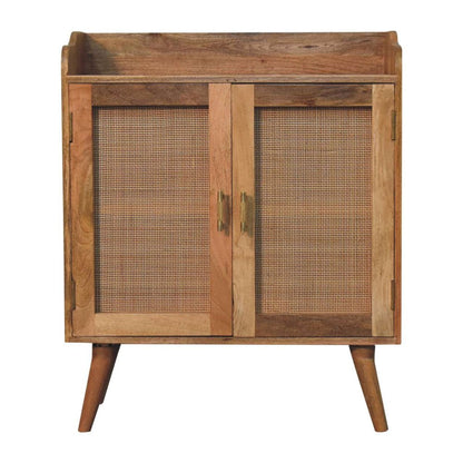35" Brown Distressed Solid Wood Inlaid Rattan Accent Cabinet With Two Doors HomeRoots