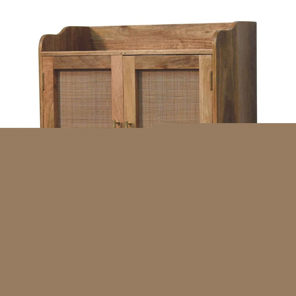 35" Brown Distressed Solid Wood Inlaid Rattan Accent Cabinet With Two Doors HomeRoots