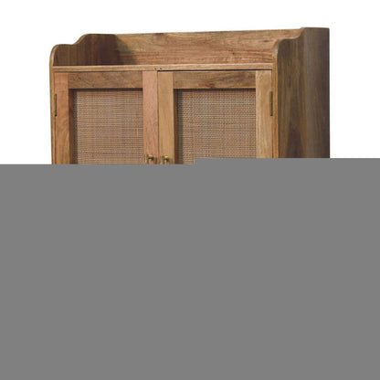 35" Brown Distressed Solid Wood Inlaid Rattan Accent Cabinet With Two Doors HomeRoots