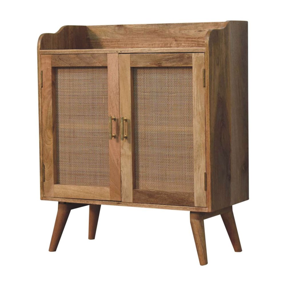 35" Brown Distressed Solid Wood Inlaid Rattan Accent Cabinet With Two Doors HomeRoots