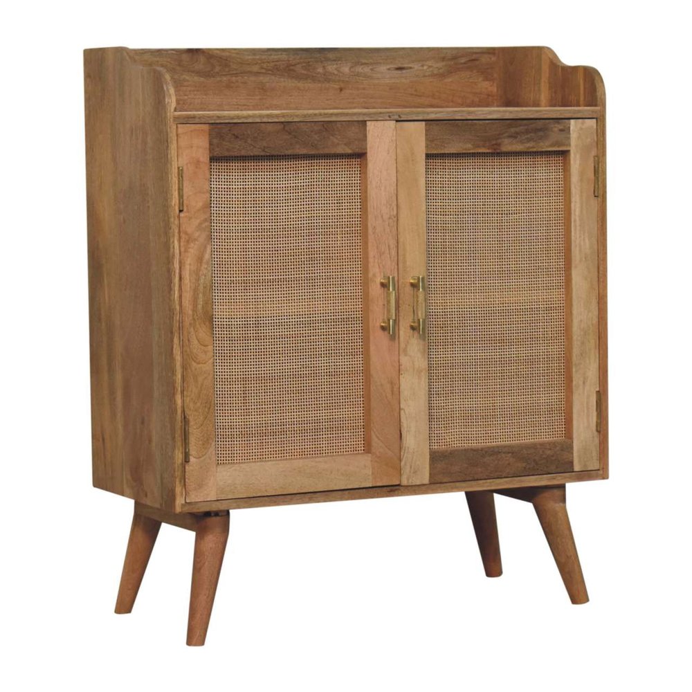 35" Brown Distressed Solid Wood Inlaid Rattan Accent Cabinet With Two Doors HomeRoots