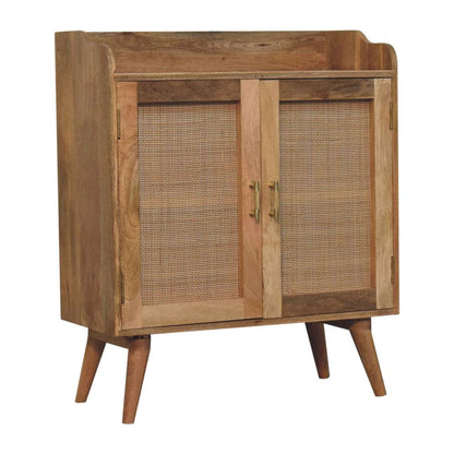 35" Brown Distressed Solid Wood Inlaid Rattan Accent Cabinet With Two Doors HomeRoots