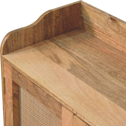 35" Brown Distressed Solid Wood Inlaid Rattan Accent Cabinet With Two Doors HomeRoots