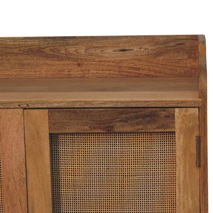 35" Brown Distressed Solid Wood Inlaid Rattan Accent Cabinet With Two Doors HomeRoots