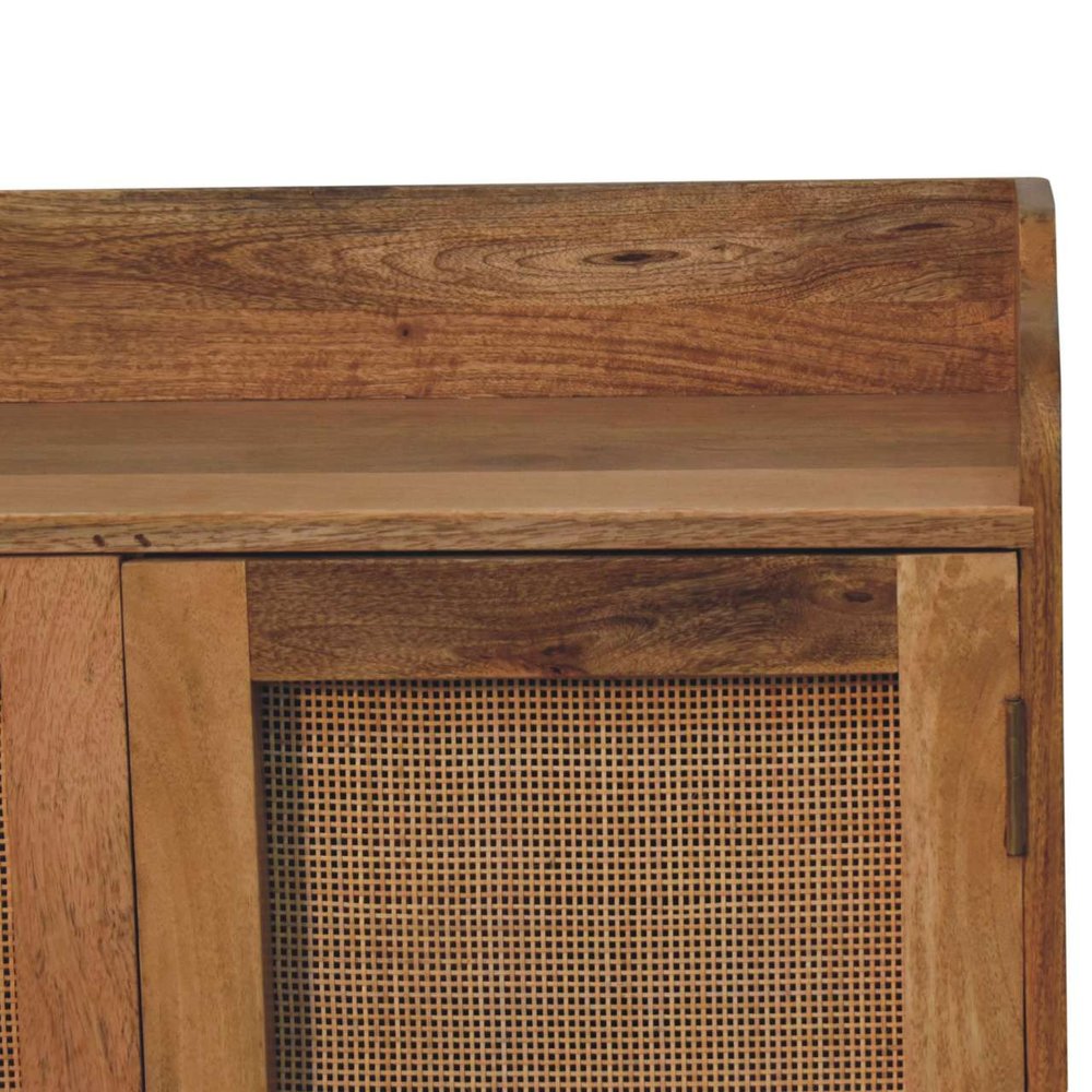 35" Brown Distressed Solid Wood Inlaid Rattan Accent Cabinet With Two Doors HomeRoots