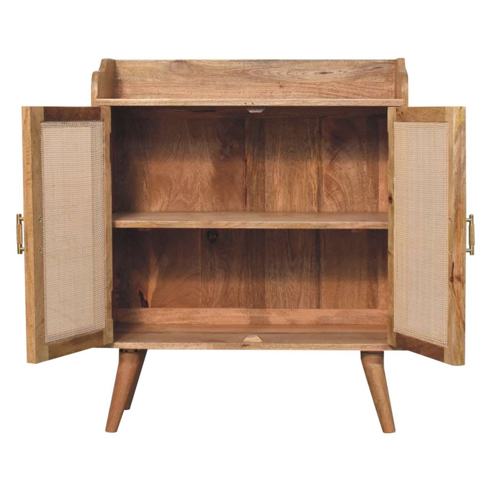 35" Brown Distressed Solid Wood Inlaid Rattan Accent Cabinet With Two Doors HomeRoots