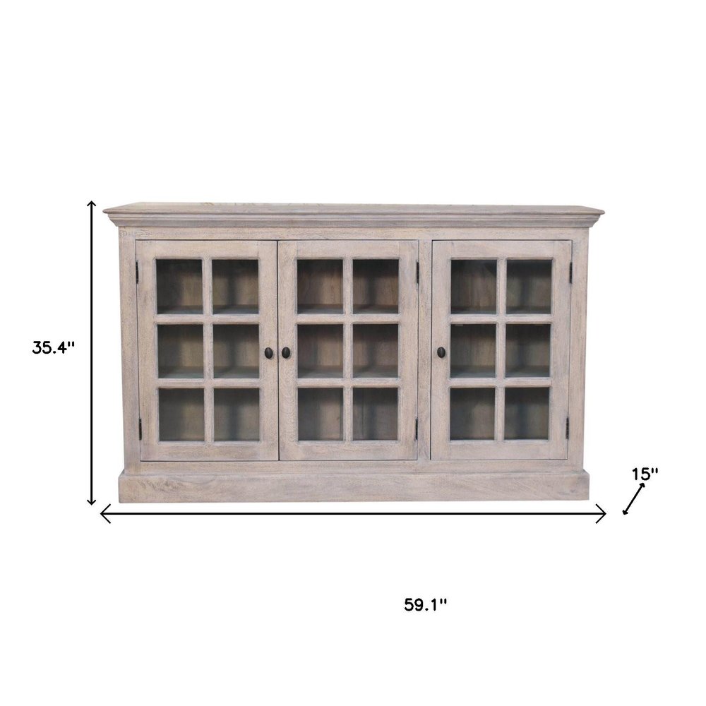 35" Light Gray and Clear Distressed Solid Wood Accent Cabinet With Three Doors HomeRoots