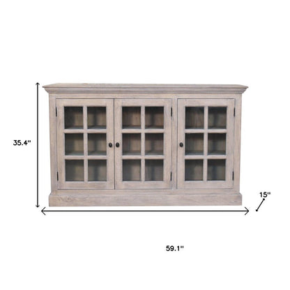 35" Light Gray and Clear Distressed Solid Wood Accent Cabinet With Three Doors HomeRoots