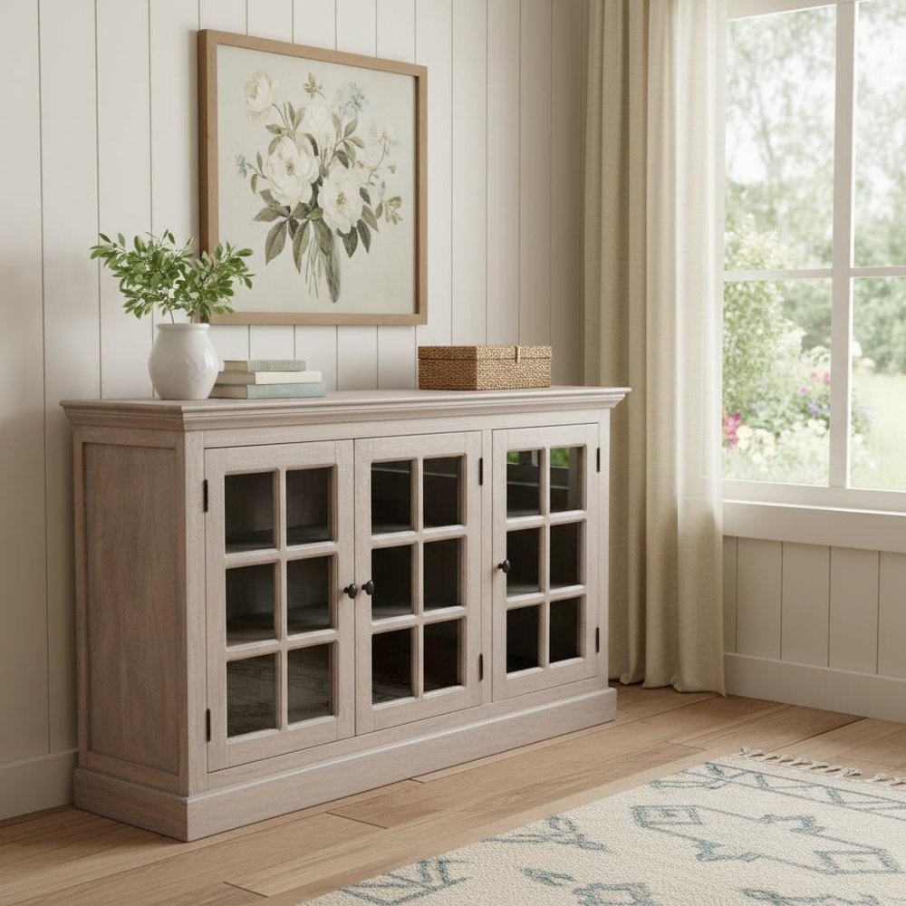 35" Light Gray and Clear Distressed Solid Wood Accent Cabinet With Three Doors HomeRoots