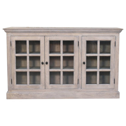 35" Light Gray and Clear Distressed Solid Wood Accent Cabinet With Three Doors HomeRoots