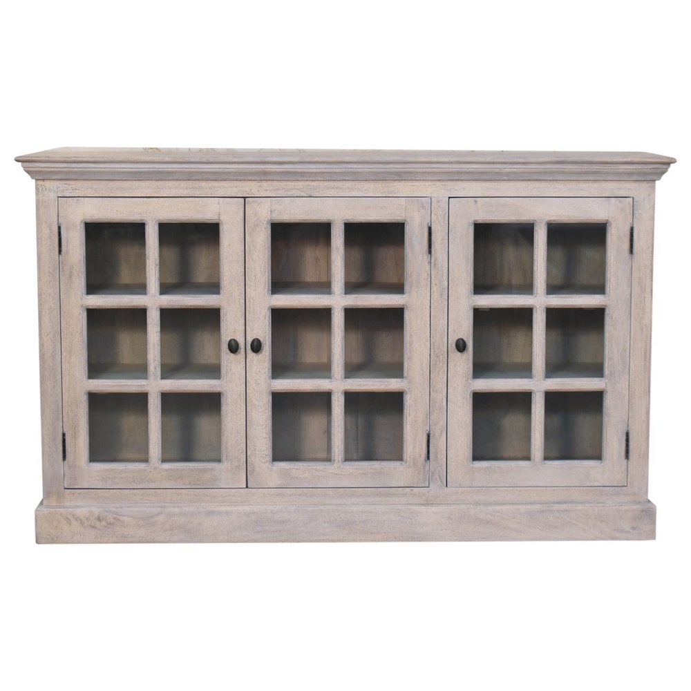 35" Light Gray and Clear Distressed Solid Wood Accent Cabinet With Three Doors HomeRoots