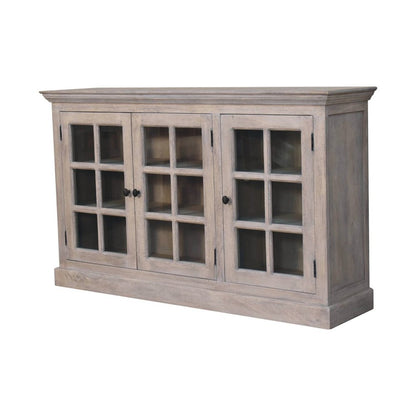 35" Light Gray and Clear Distressed Solid Wood Accent Cabinet With Three Doors HomeRoots