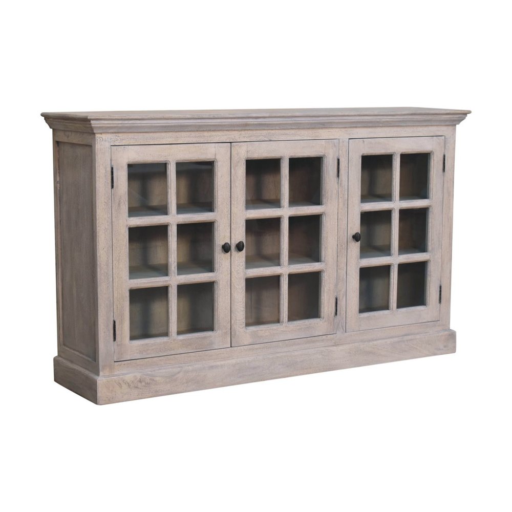 35" Light Gray and Clear Distressed Solid Wood Accent Cabinet With Three Doors HomeRoots