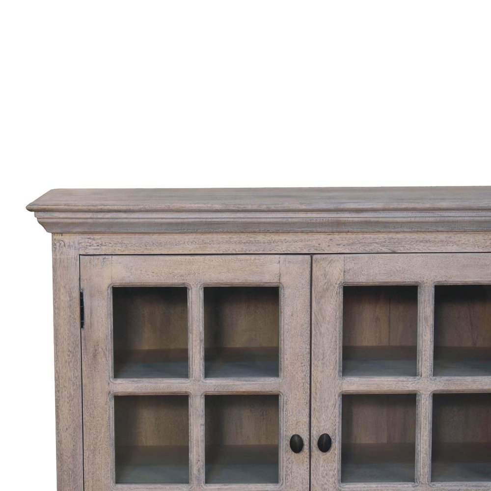 35" Light Gray and Clear Distressed Solid Wood Accent Cabinet With Three Doors HomeRoots