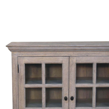 35" Light Gray and Clear Distressed Solid Wood Accent Cabinet With Three Doors HomeRoots