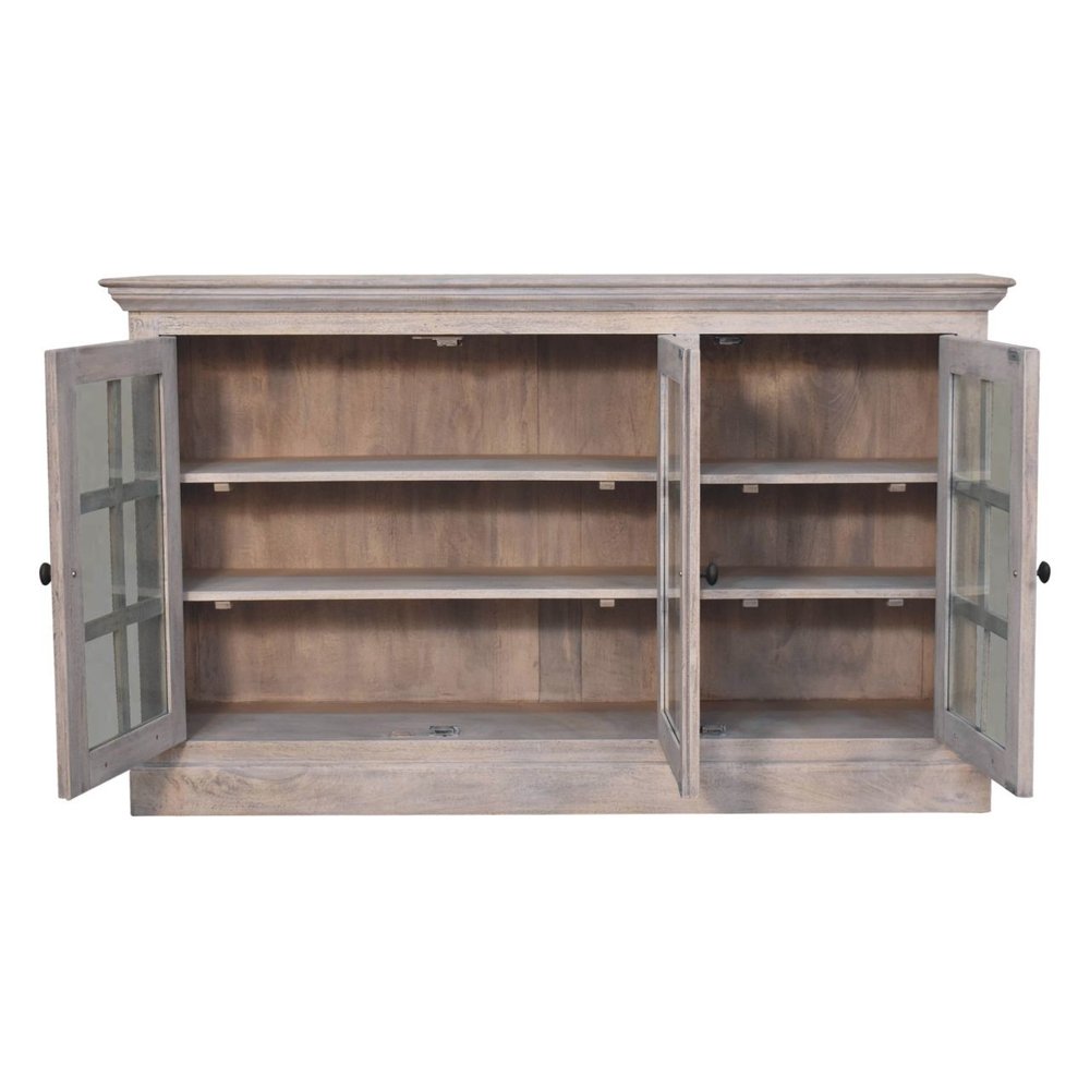 35" Light Gray and Clear Distressed Solid Wood Accent Cabinet With Three Doors HomeRoots