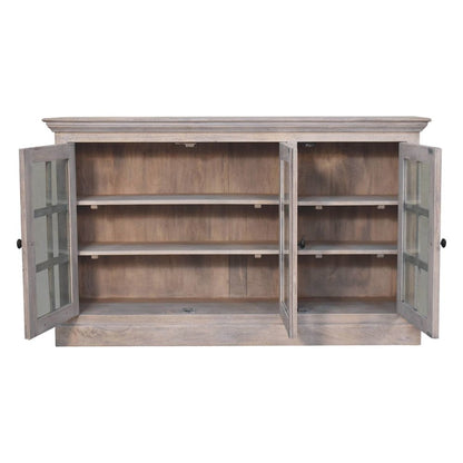 35" Light Gray and Clear Distressed Solid Wood Accent Cabinet With Three Doors HomeRoots