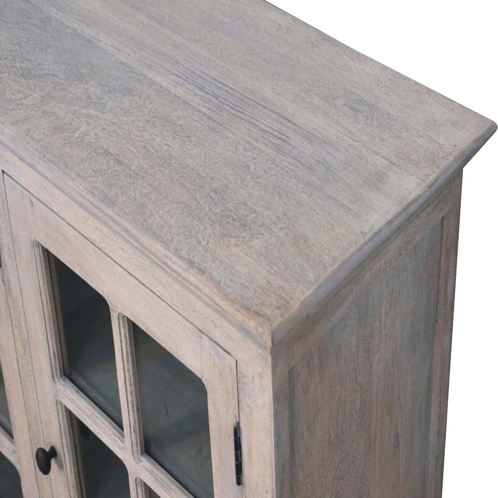35" Light Gray and Clear Distressed Solid Wood Accent Cabinet With Three Doors HomeRoots
