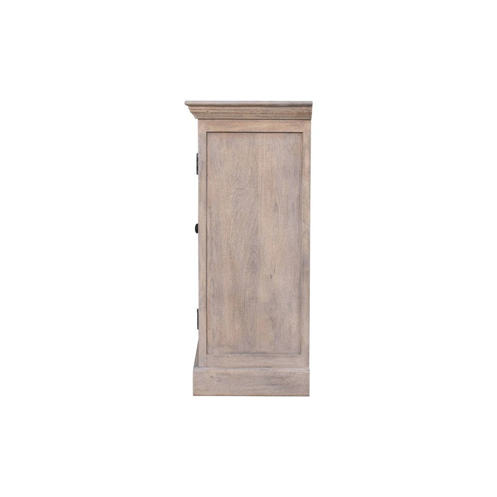 35" Light Gray and Clear Distressed Solid Wood Accent Cabinet With Three Doors HomeRoots