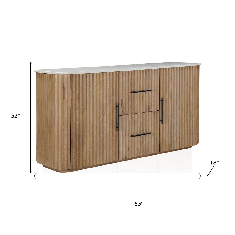 63" Brown And White Solid Wood And Marble Ribbed Texture Sideboard with Two Doors — view 10