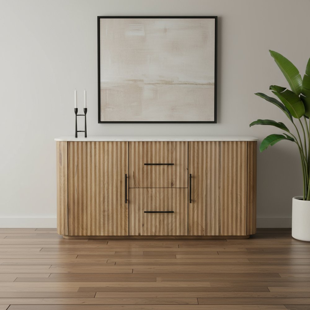 63" Brown And White Solid Wood And Marble Ribbed Texture Sideboard with Two Doors — view 11