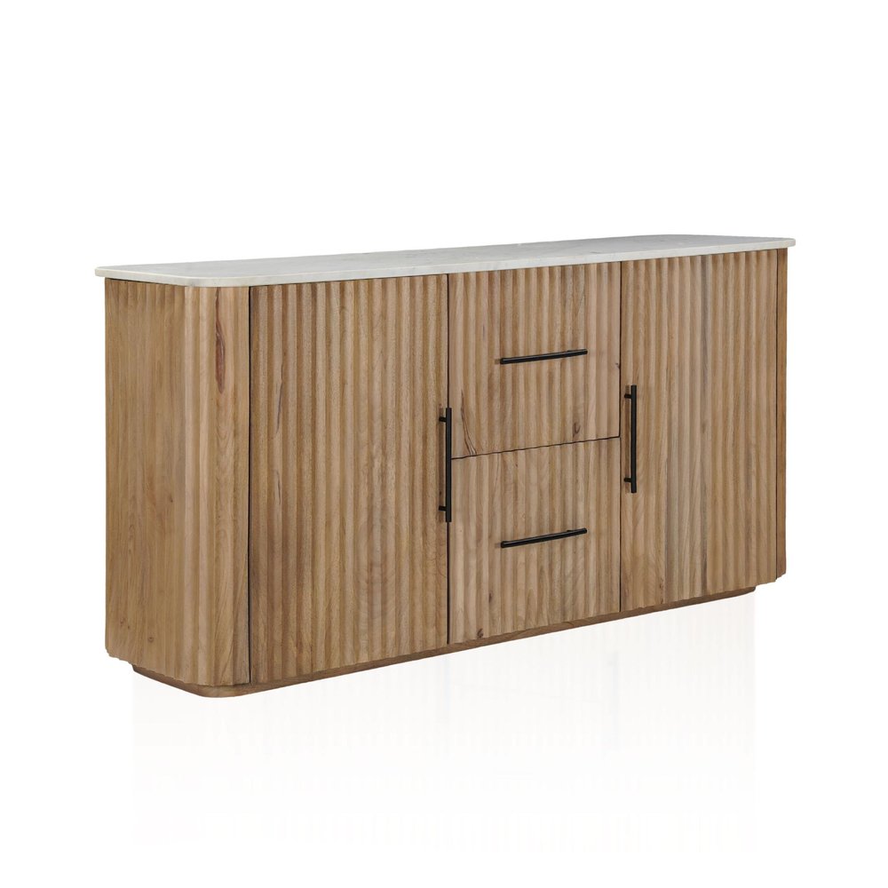 63" Brown And White Solid Wood And Marble Ribbed Texture Sideboard with Two Doors — view 1