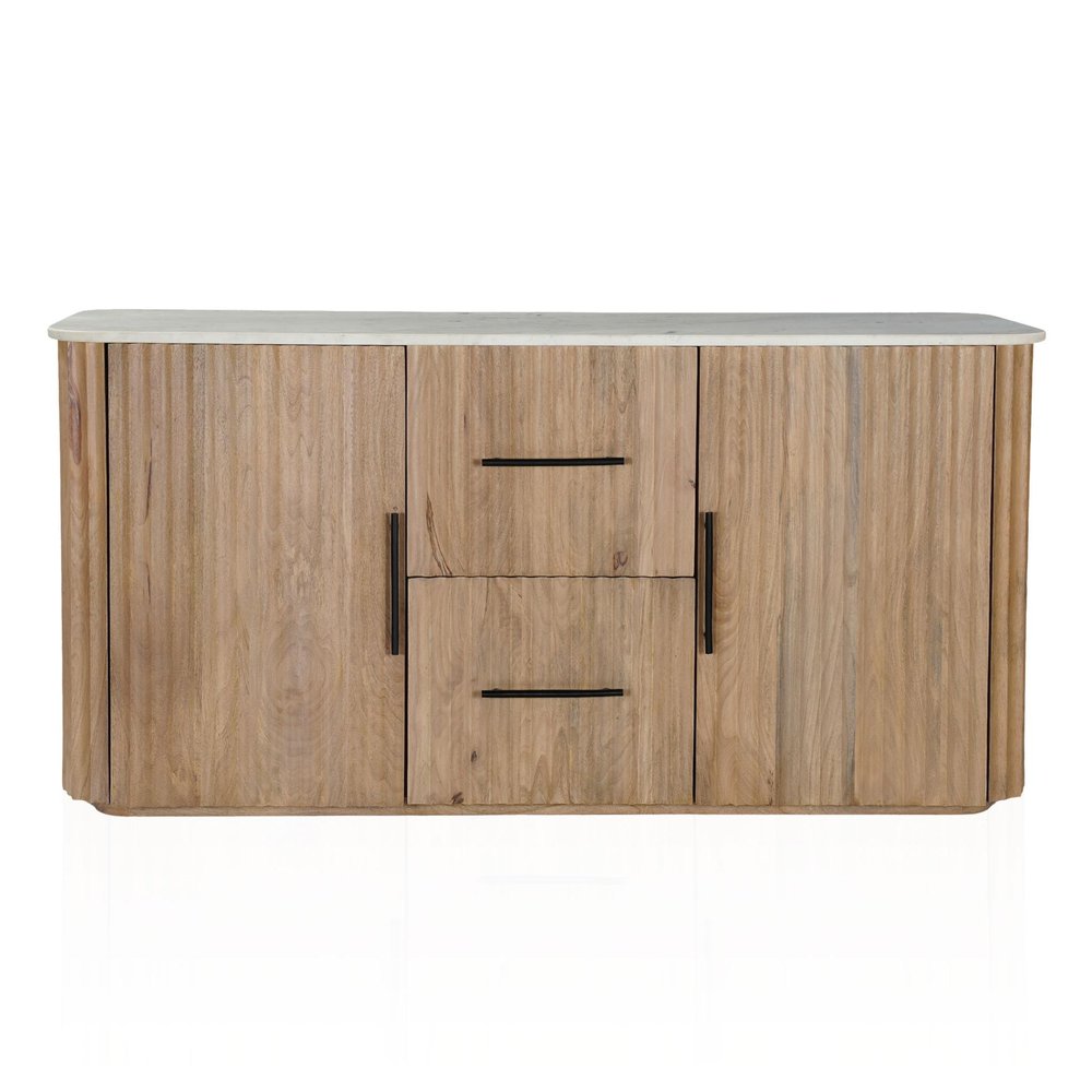 63" Brown And White Solid Wood And Marble Ribbed Texture Sideboard with Two Doors — view 2