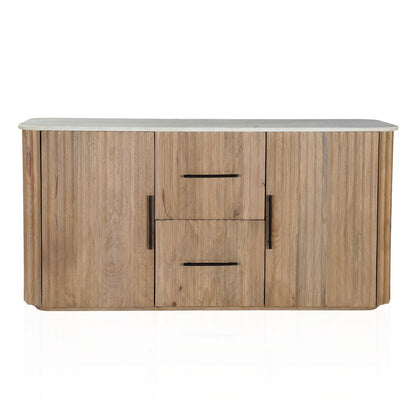 63" Brown And White Solid Wood And Marble Ribbed Texture Sideboard with Two Doors